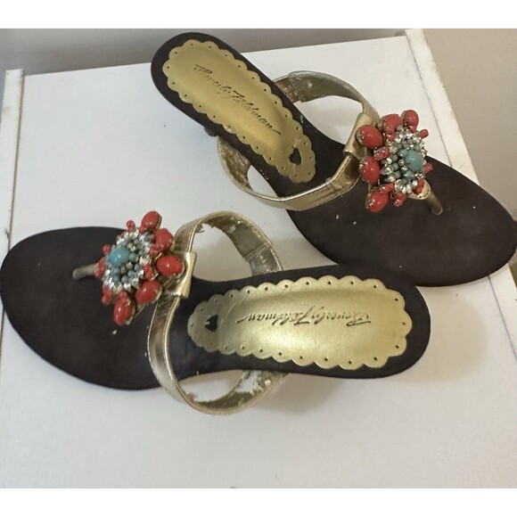 Beverly Feldman Iridescent Gold Leather Turquoise Orange Rhinestone Sandals 6.5M - Picture 1 of 6